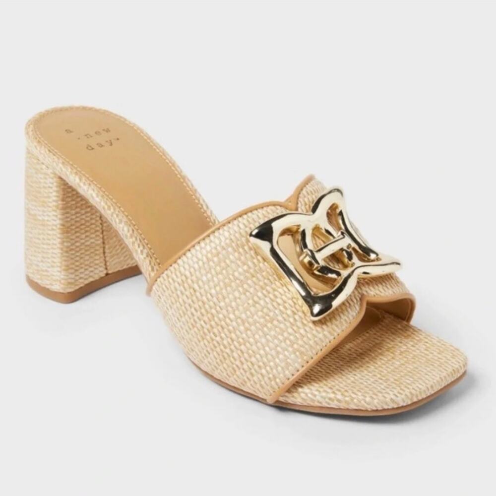 A New Day Arden Raffia Block Heels Womens Size 6 Tan Gold Buckle Mules NWOB